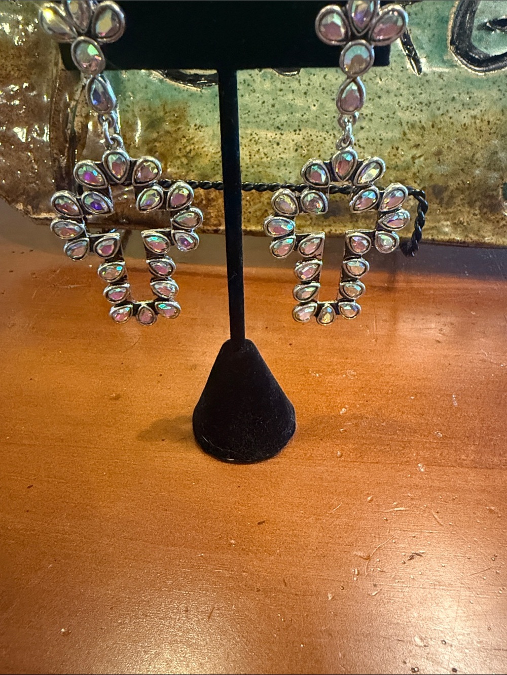 Silver-Tone Iridescent Teardrop Cross Earrings